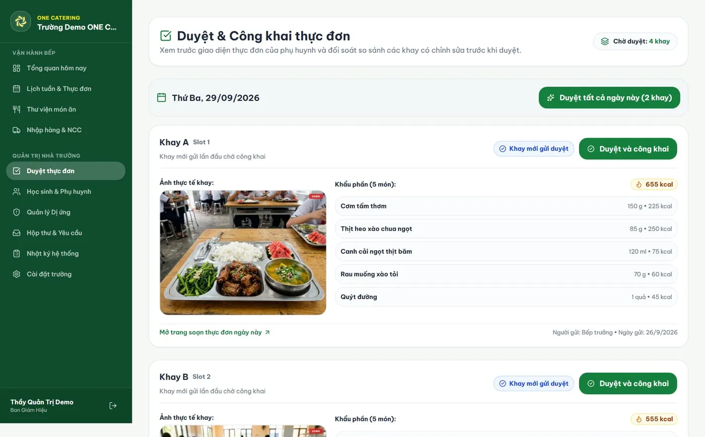 Màn hình duyệt thực đơn của nhà trường